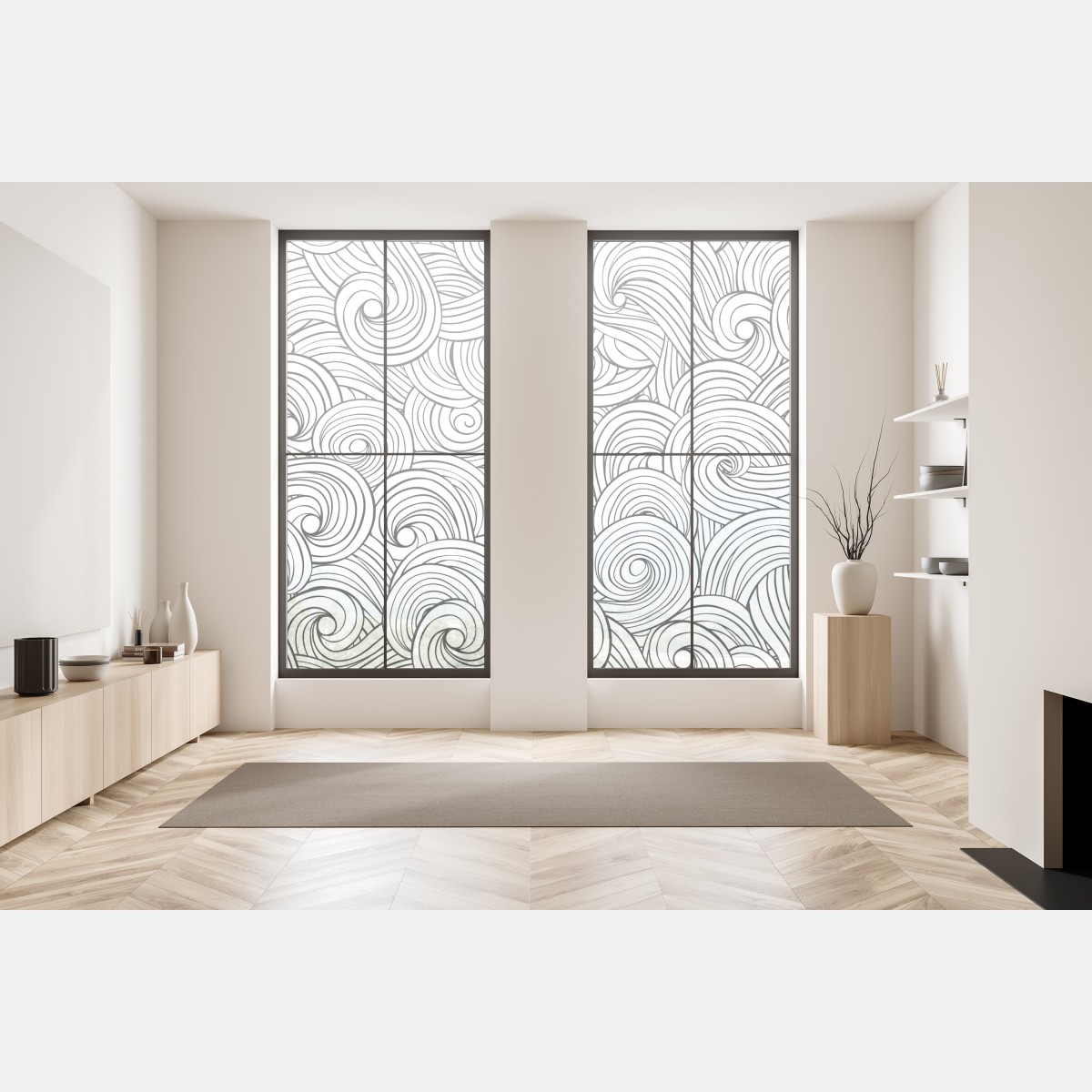 Naklejka na okno czarno-biały wzór ze spiralami – Wallissimo® Naklejka na okno czarno-biały wzór ze spiralami – Wallissimo®