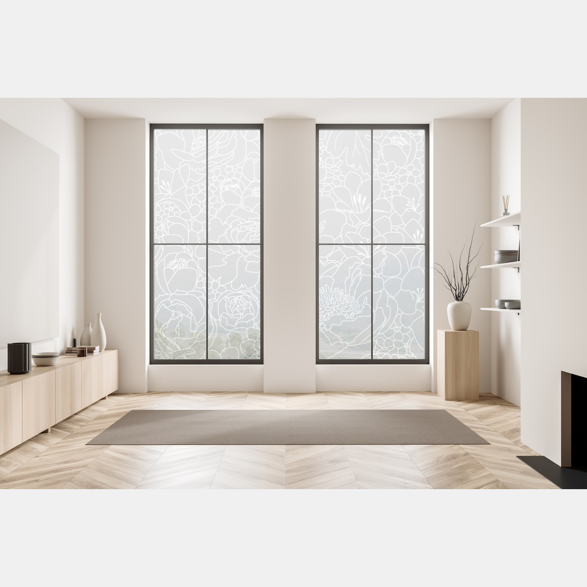 Naklejka na okno subtelny szary wzór kwiatowy w konturze – Wallissimo® Naklejka na okno subtelny szary wzór kwiatowy w konturze – Wallissimo®