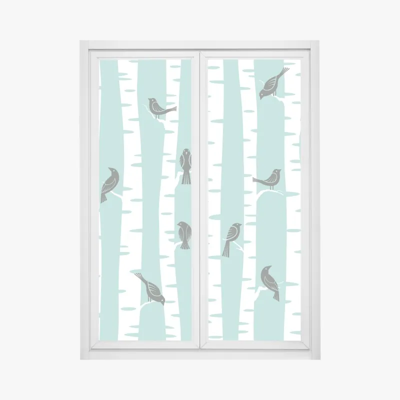 Naklejka na okno turkusowy las brzóz z ptakami