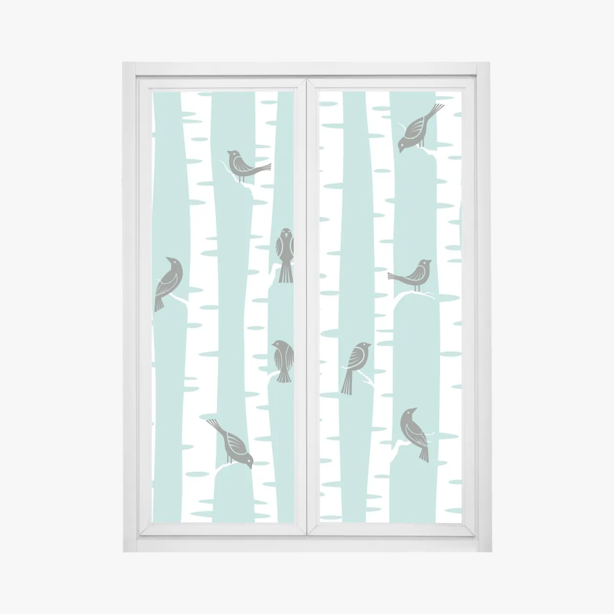 Naklejka na okno turkusowy las brzóz z ptakami – Wallissimo® Naklejka na okno turkusowy las brzóz z ptakami – Wallissimo®