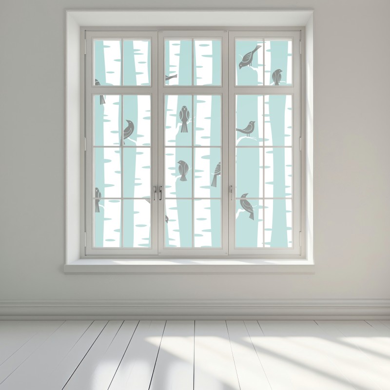 Naklejka na okno turkusowy las brzóz z ptakami – Wallissimo® Naklejka na okno turkusowy las brzóz z ptakami – Wallissimo®