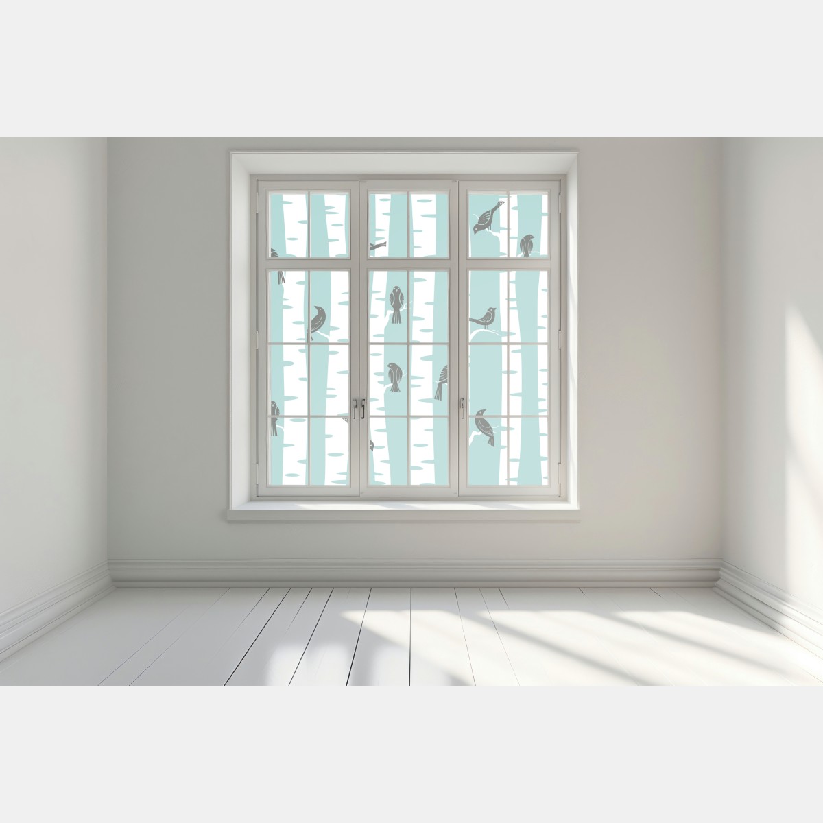 Naklejka na okno turkusowy las brzóz z ptakami – Wallissimo® Naklejka na okno turkusowy las brzóz z ptakami – Wallissimo®