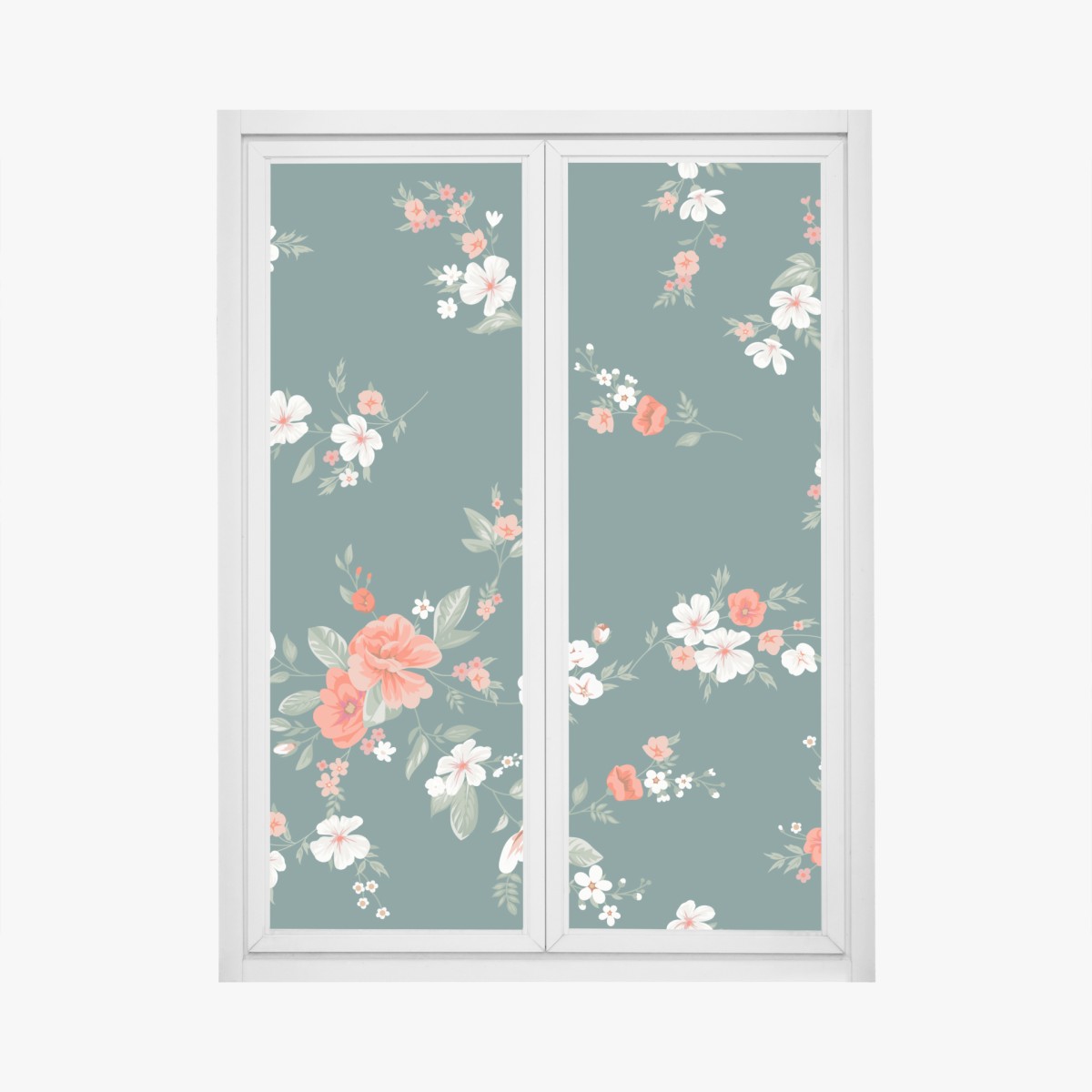Window decal vintage coral floral pattern on deep green background