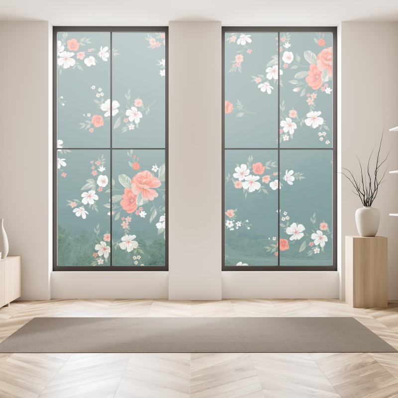 Naklejka na okno różowe akwarelowe kwiaty na czarnym tle – Wallissimo®