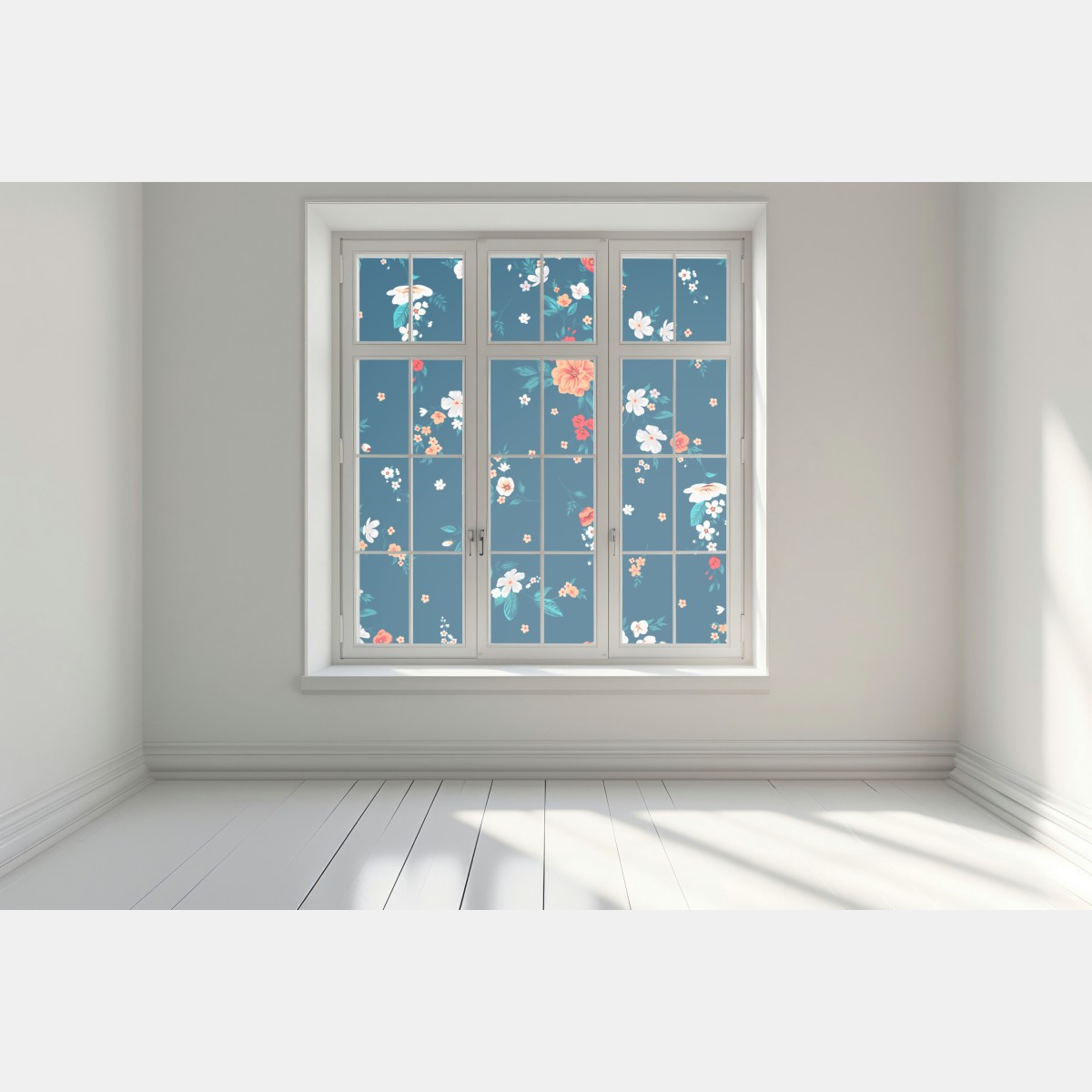 Naklejka na okno delikatny rozproszony wzór kwiatowy na głębokim turkusie – Wallissimo® Naklejka na okno delikatny rozproszony wzór kwiatowy na głębokim turkusie – Wallissimo®