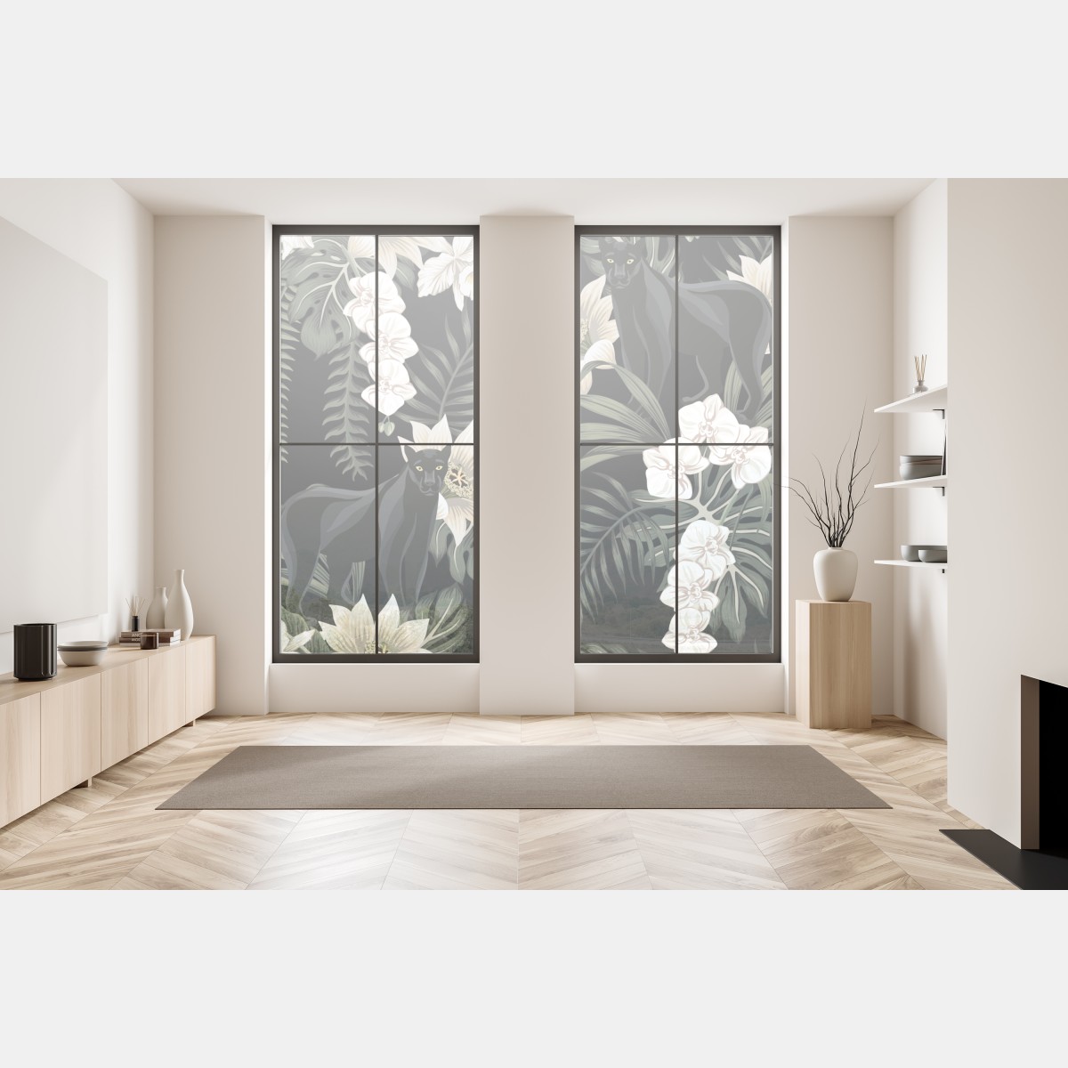 Naklejka na okno botaniczny wzór z czarną panterą – Wallissimo® Naklejka na okno botaniczny wzór z czarną panterą – Wallissimo®