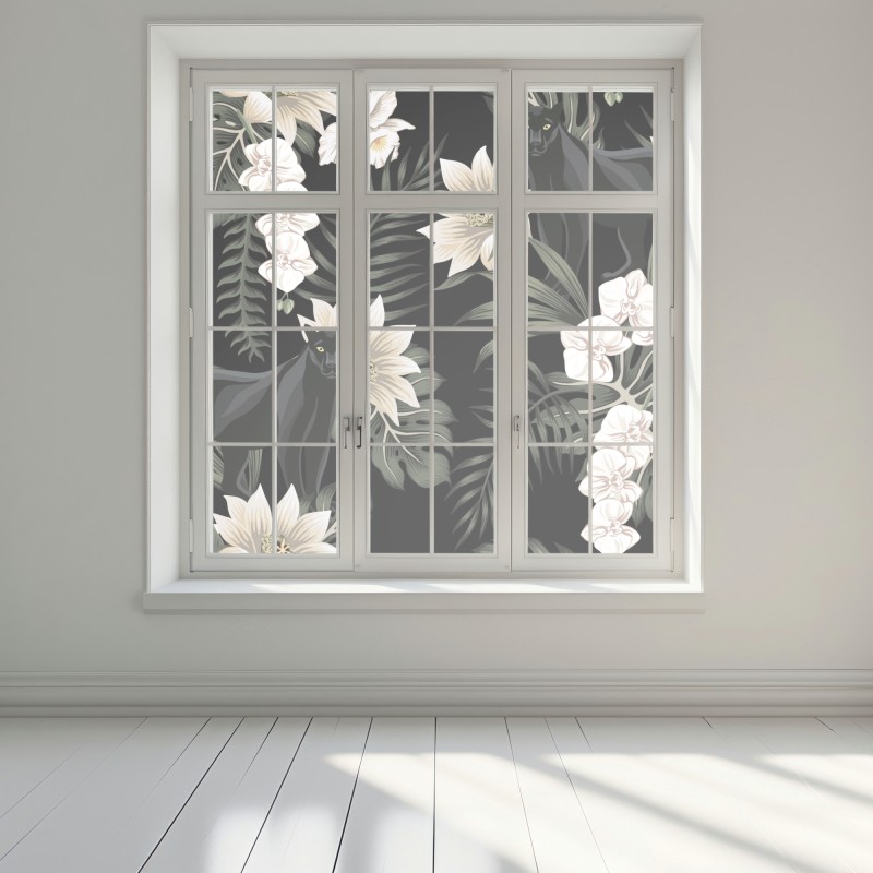 Naklejka na okno botaniczny wzór z czarną panterą – Wallissimo® Naklejka na okno botaniczny wzór z czarną panterą – Wallissimo®