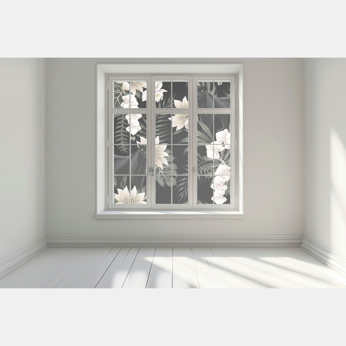 Naklejka na okno botaniczny wzór z czarną panterą – Wallissimo® Naklejka na okno botaniczny wzór z czarną panterą – Wallissimo®
