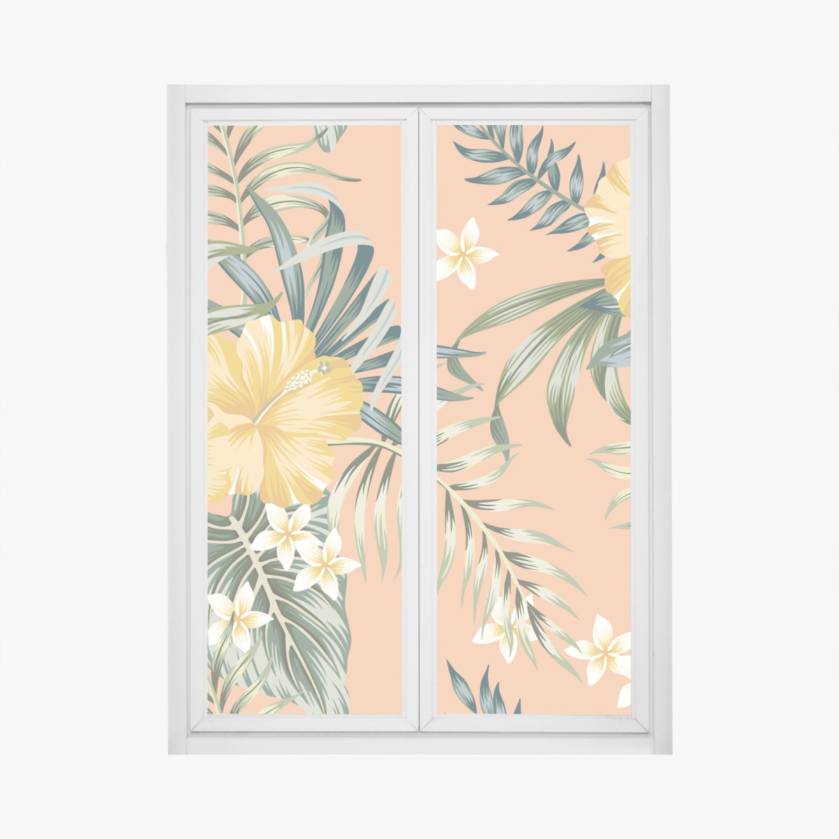 Window decal tropical hibiscus floral pattern on peach background