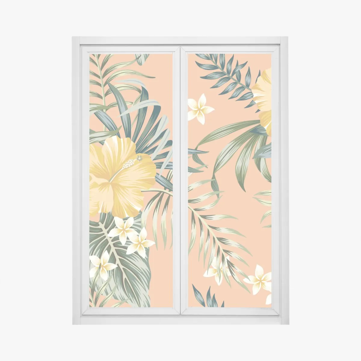 Naklejka na okno tropikalny wzór z hibiskusem na brzoskwiniowym tle – Wallissimo® Naklejka na okno tropikalny wzór z hibiskusem na brzoskwiniowym tle – Wallissimo®