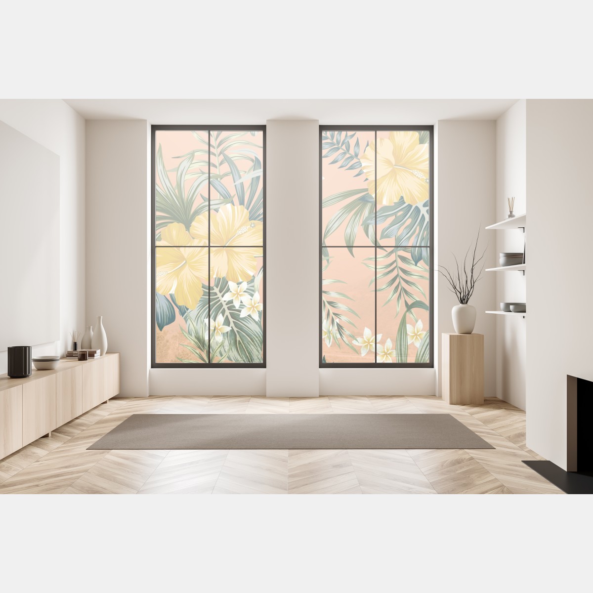 Naklejka na okno tropikalny wzór z hibiskusem na brzoskwiniowym tle – Wallissimo® Naklejka na okno tropikalny wzór z hibiskusem na brzoskwiniowym tle – Wallissimo®