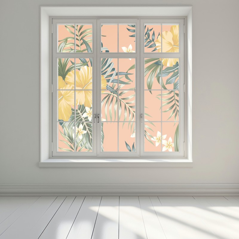 Naklejka na okno tropikalny wzór z hibiskusem na brzoskwiniowym tle – Wallissimo® Naklejka na okno tropikalny wzór z hibiskusem na brzoskwiniowym tle – Wallissimo®