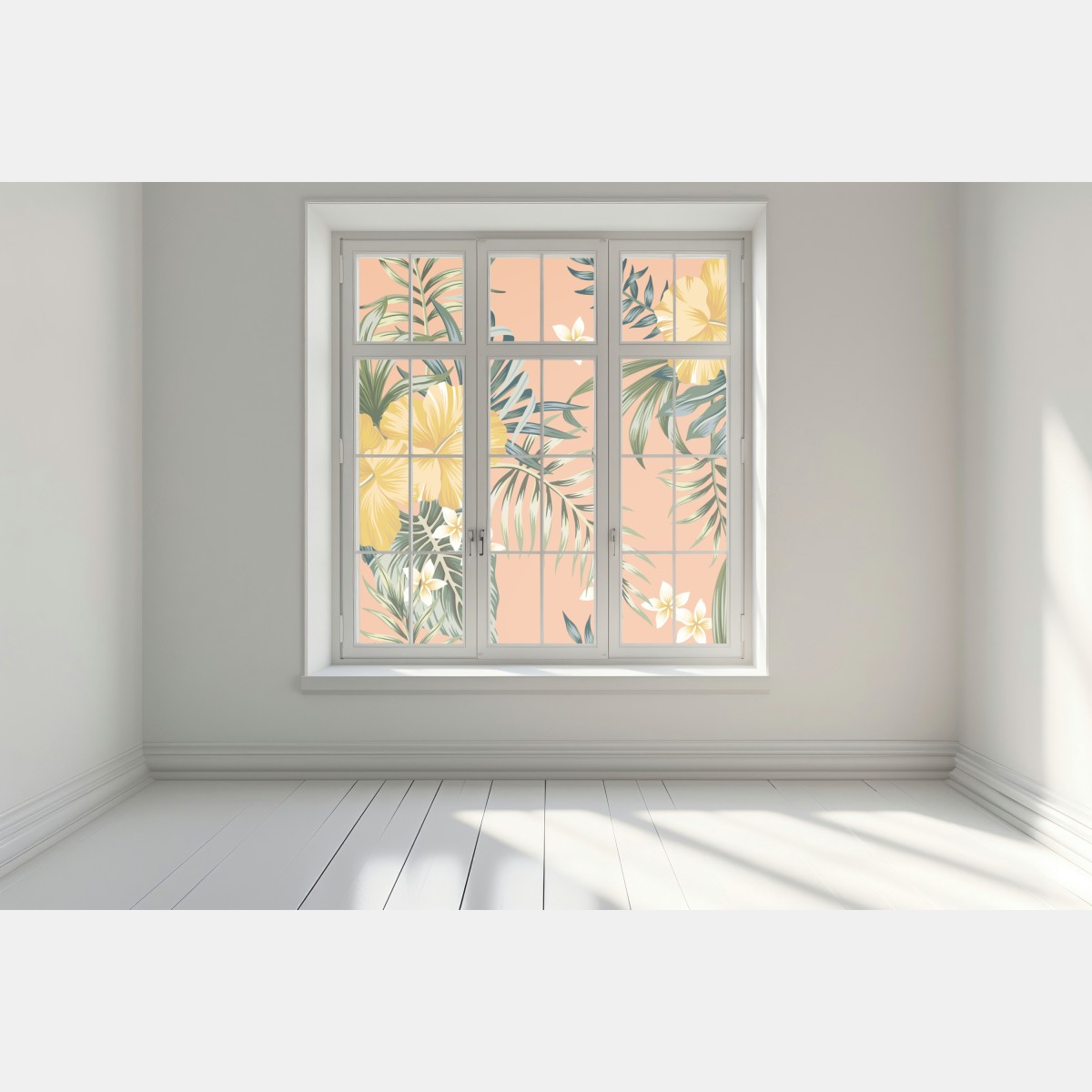 Naklejka na okno tropikalny wzór z hibiskusem na brzoskwiniowym tle – Wallissimo® Naklejka na okno tropikalny wzór z hibiskusem na brzoskwiniowym tle – Wallissimo®