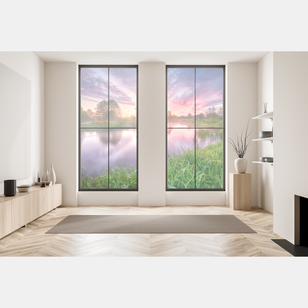 Naklejka na okno spokojny letni wschód słońca nad brzegiem rzeki – Wallissimo® Naklejka na okno spokojny letni wschód słońca nad brzegiem rzeki – Wallissimo®