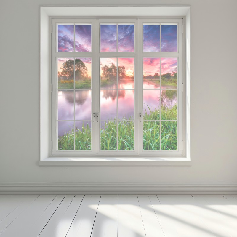 Naklejka na okno spokojny letni wschód słońca nad brzegiem rzeki – Wallissimo® Naklejka na okno spokojny letni wschód słońca nad brzegiem rzeki – Wallissimo®