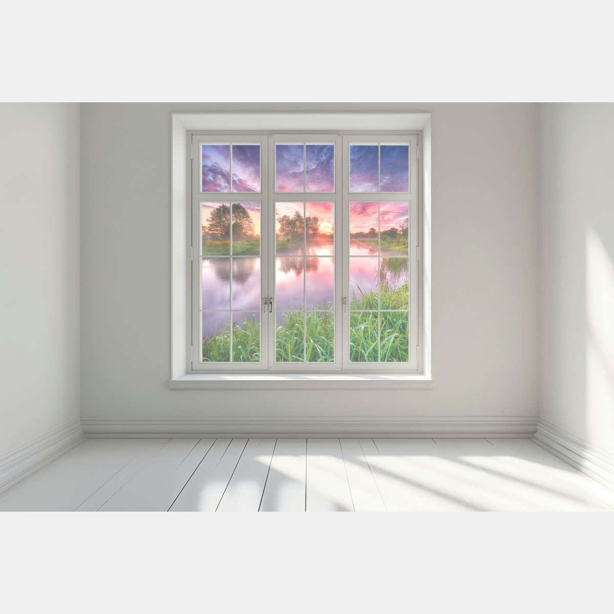 Naklejka na okno spokojny letni wschód słońca nad brzegiem rzeki – Wallissimo® Naklejka na okno spokojny letni wschód słońca nad brzegiem rzeki – Wallissimo®