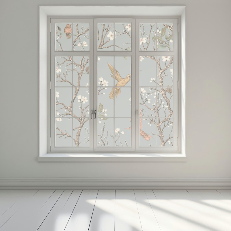 Naklejka na okno vintage wzór kolibrów i kwiatów – Wallissimo® Naklejka na okno vintage wzór kolibrów i kwiatów – Wallissimo®