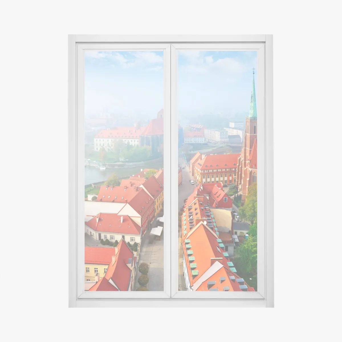Naklejka na okno mglista panorama europejskiego miasta z czerwonymi dachami – Wallissimo® Naklejka na okno mglista panorama europejskiego miasta z czerwonymi dachami – Wallissimo®
