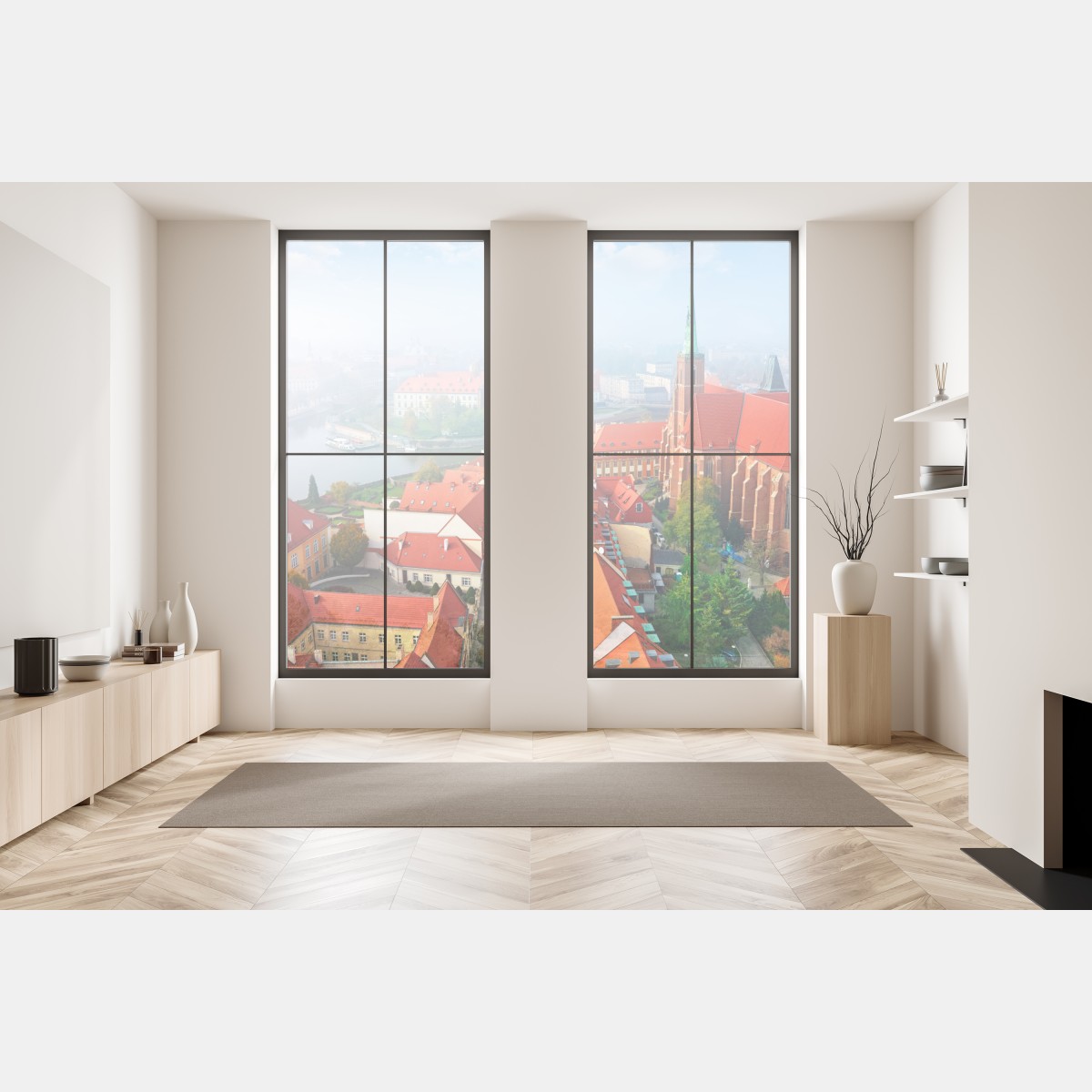 Naklejka na okno mglista panorama europejskiego miasta z czerwonymi dachami – Wallissimo® Naklejka na okno mglista panorama europejskiego miasta z czerwonymi dachami – Wallissimo®