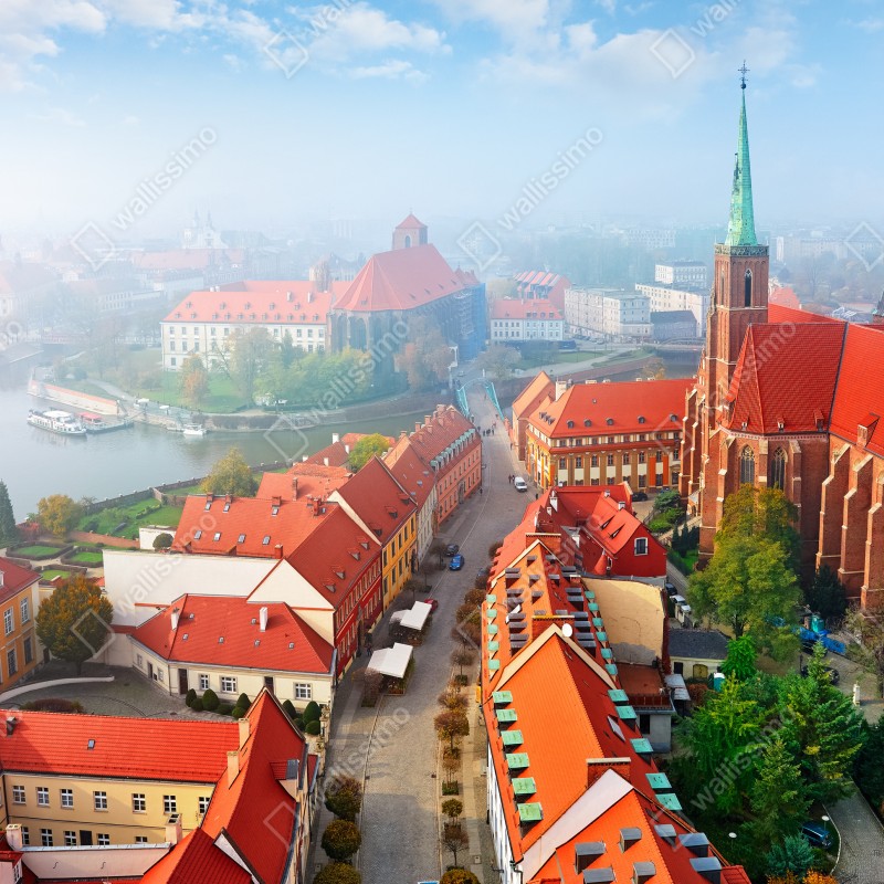 Naklejka na okno mglista panorama europejskiego miasta z czerwonymi dachami – Wallissimo® Naklejka na okno mglista panorama europejskiego miasta z czerwonymi dachami – Wallissimo®