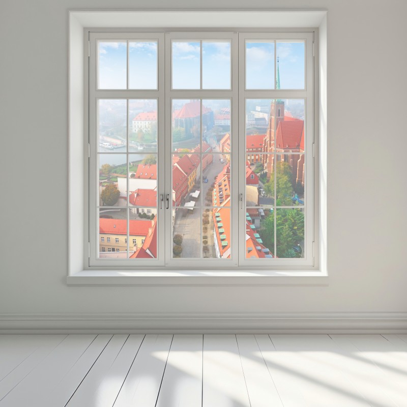 Naklejka na okno mglista panorama europejskiego miasta z czerwonymi dachami – Wallissimo® Naklejka na okno mglista panorama europejskiego miasta z czerwonymi dachami – Wallissimo®