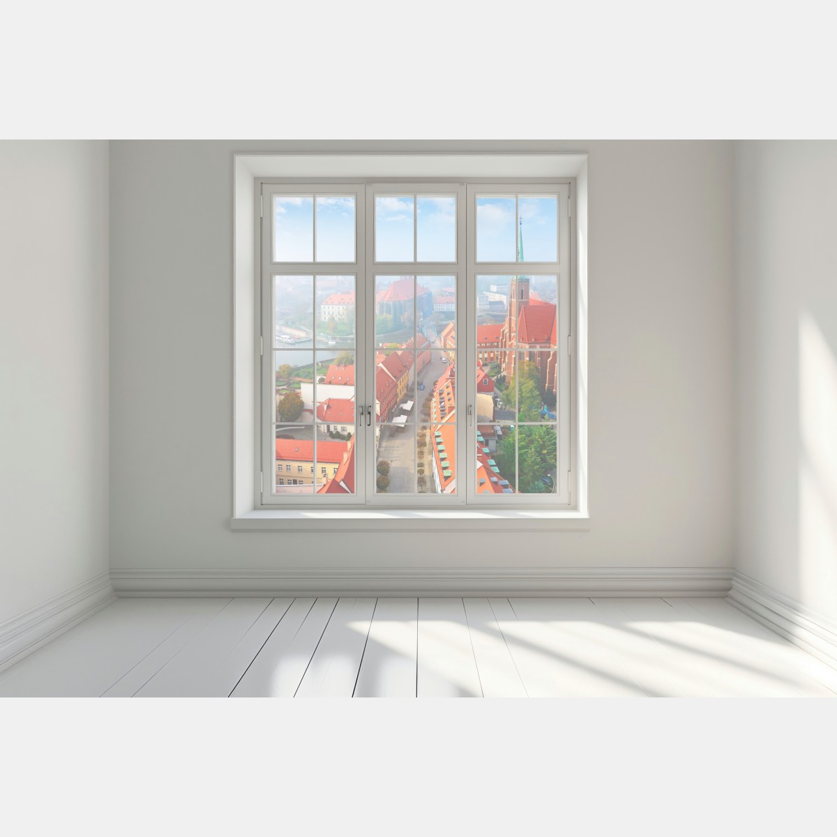 Naklejka na okno mglista panorama europejskiego miasta z czerwonymi dachami – Wallissimo® Naklejka na okno mglista panorama europejskiego miasta z czerwonymi dachami – Wallissimo®