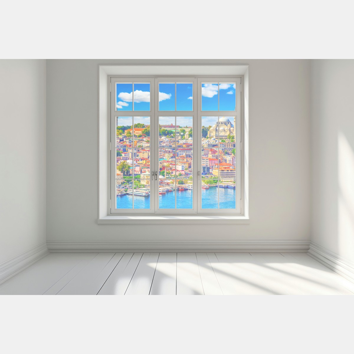Naklejka na okno tętniący życiem widok Stambułu nad Bosforem – Wallissimo® Naklejka na okno tętniący życiem widok Stambułu nad Bosforem – Wallissimo®