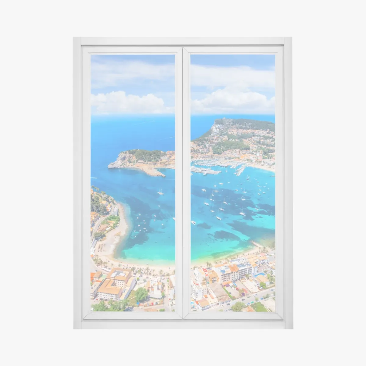 Naklejka na okno widok z lotu ptaka na zatokę Port de Sóller – Wallissimo® Naklejka na okno widok z lotu ptaka na zatokę Port de Sóller – Wallissimo®