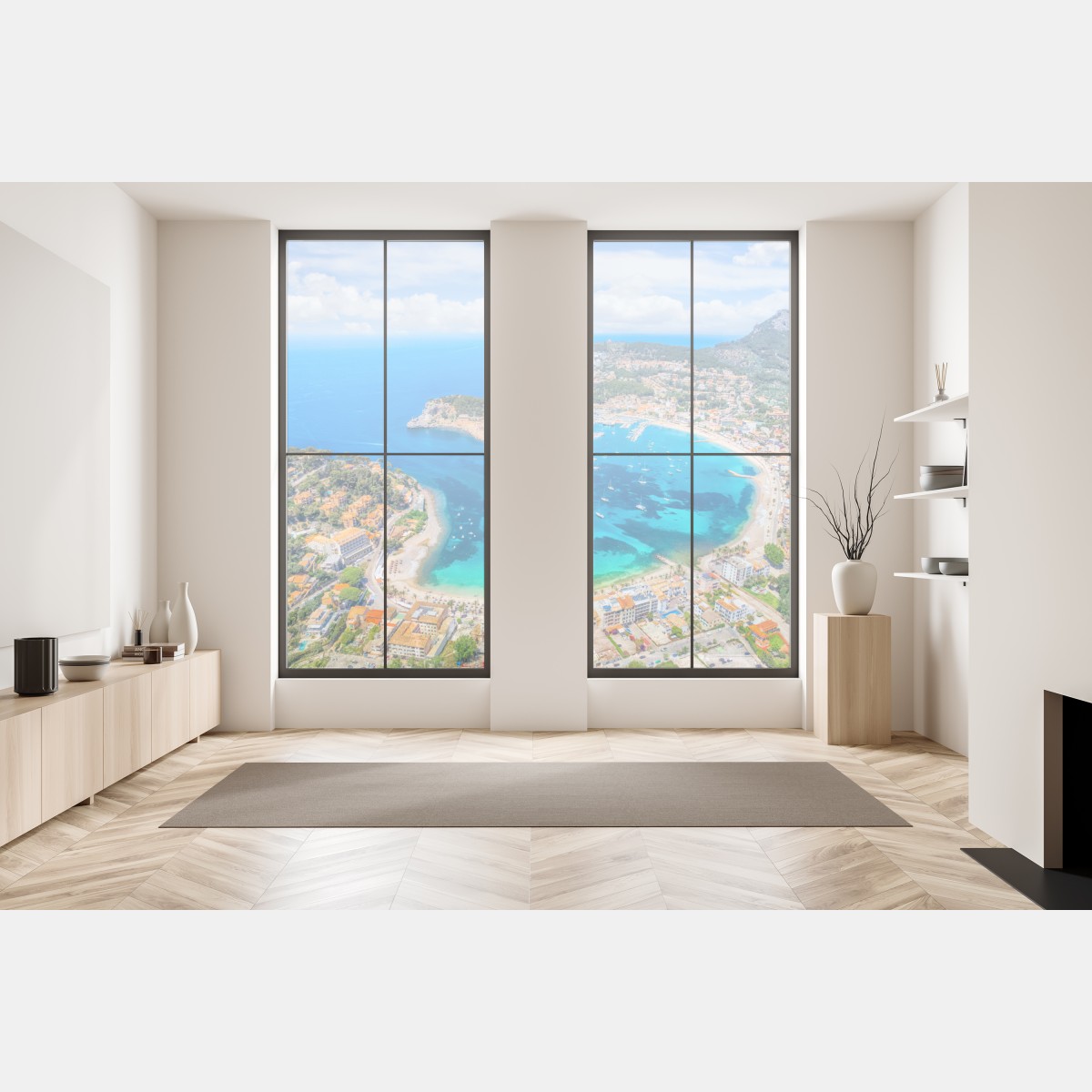 Naklejka na okno widok z lotu ptaka na zatokę Port de Sóller – Wallissimo® Naklejka na okno widok z lotu ptaka na zatokę Port de Sóller – Wallissimo®