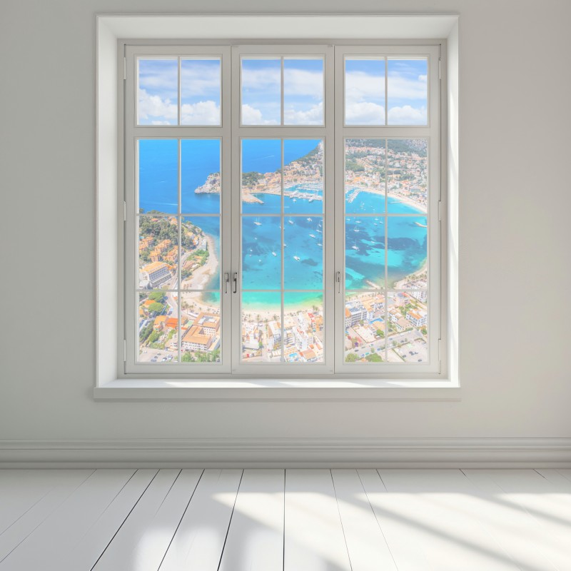 Naklejka na okno widok z lotu ptaka na zatokę Port de Sóller – Wallissimo® Naklejka na okno widok z lotu ptaka na zatokę Port de Sóller – Wallissimo®