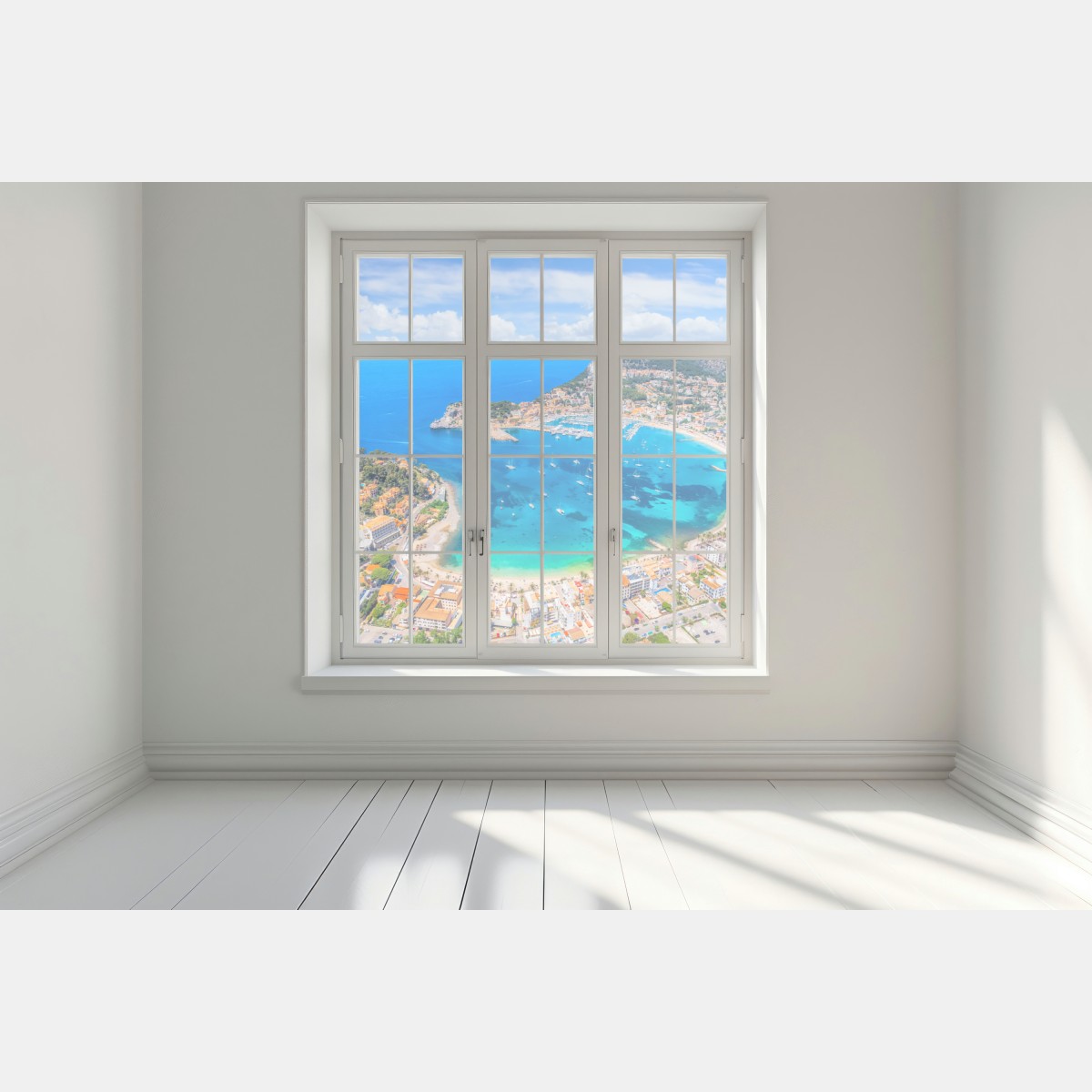 Naklejka na okno widok z lotu ptaka na zatokę Port de Sóller – Wallissimo® Naklejka na okno widok z lotu ptaka na zatokę Port de Sóller – Wallissimo®