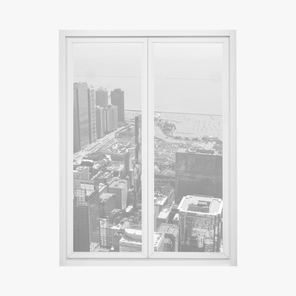 Window decal black and white city skyline over lake