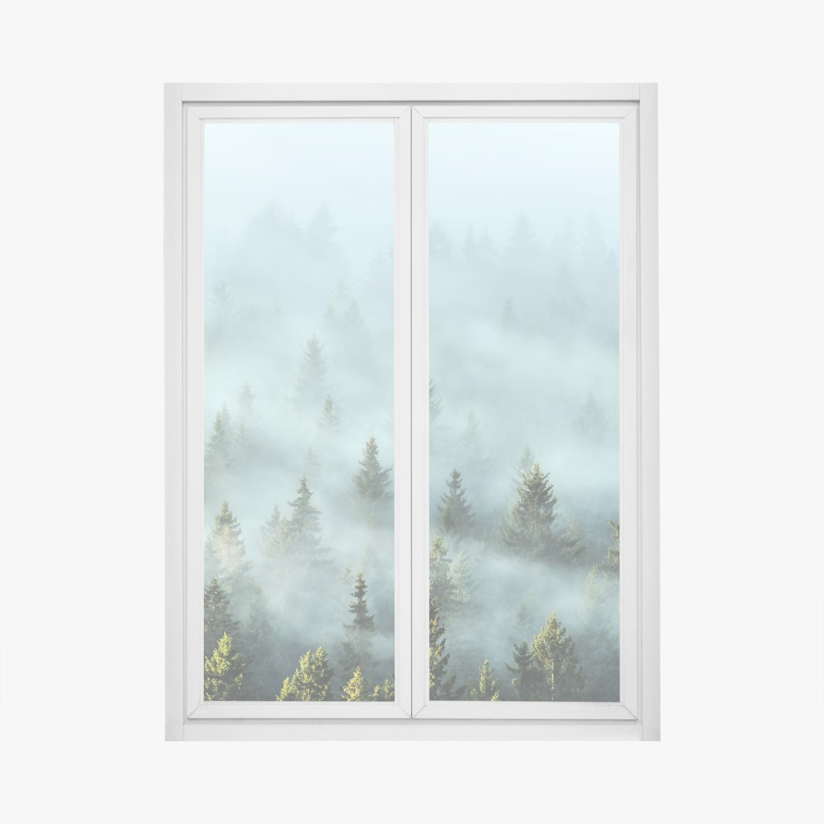 Window decal misty fir forest in morning fog