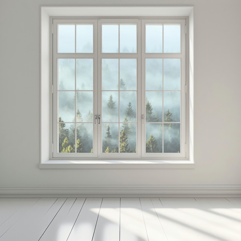 Naklejka na okno mglisty las jodłowy o poranku – Wallissimo® Naklejka na okno mglisty las jodłowy o poranku – Wallissimo®