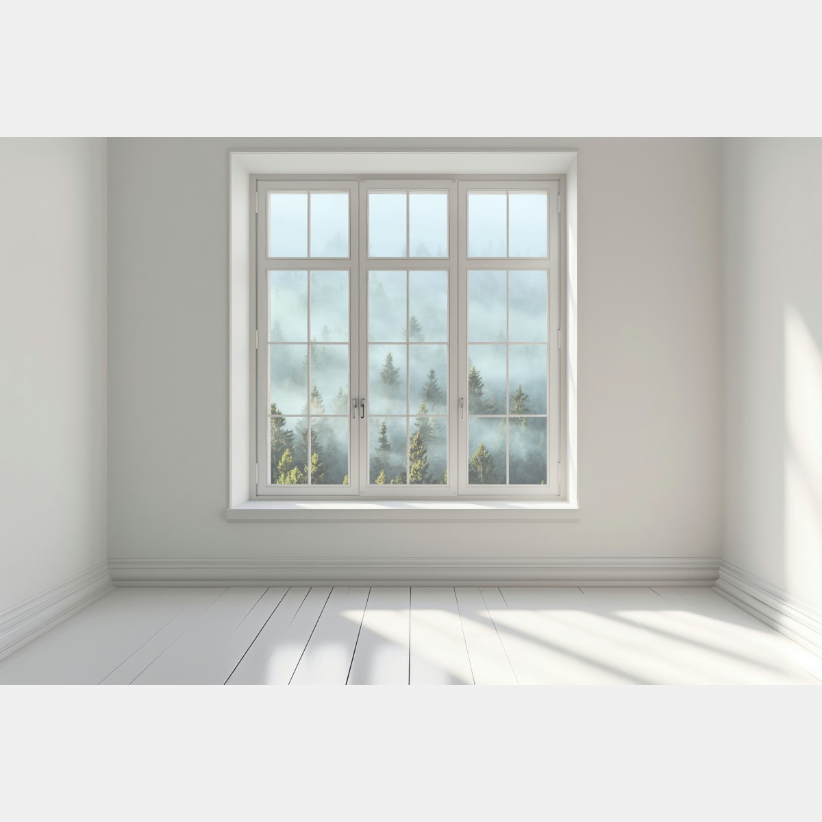 Naklejka na okno mglisty las jodłowy o poranku – Wallissimo® Naklejka na okno mglisty las jodłowy o poranku – Wallissimo®