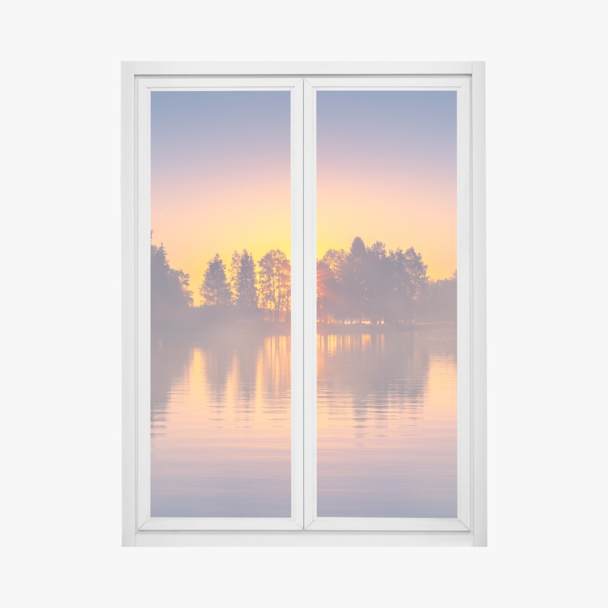 Window decal misty lakeside sunset reflections