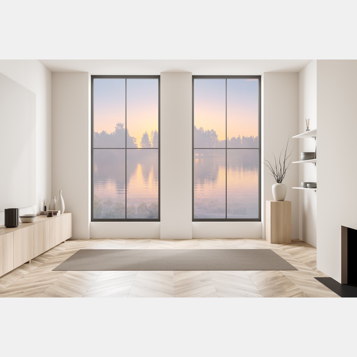 Naklejka na okno mglisty zachód słońca nad jeziorem – Wallissimo® Naklejka na okno mglisty zachód słońca nad jeziorem – Wallissimo®