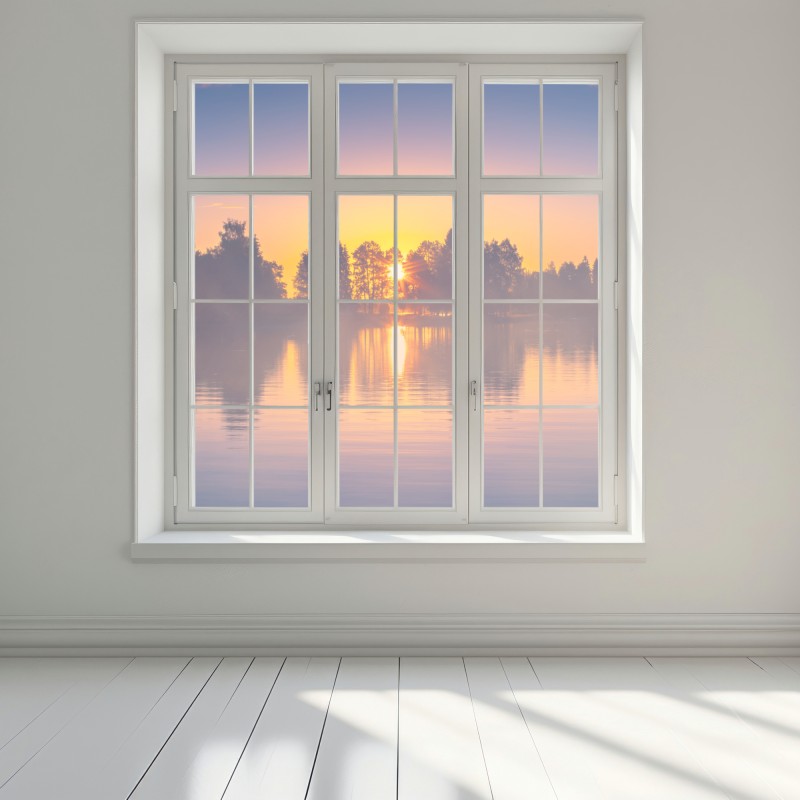 Naklejka na okno mglisty zachód słońca nad jeziorem – Wallissimo® Naklejka na okno mglisty zachód słońca nad jeziorem – Wallissimo®