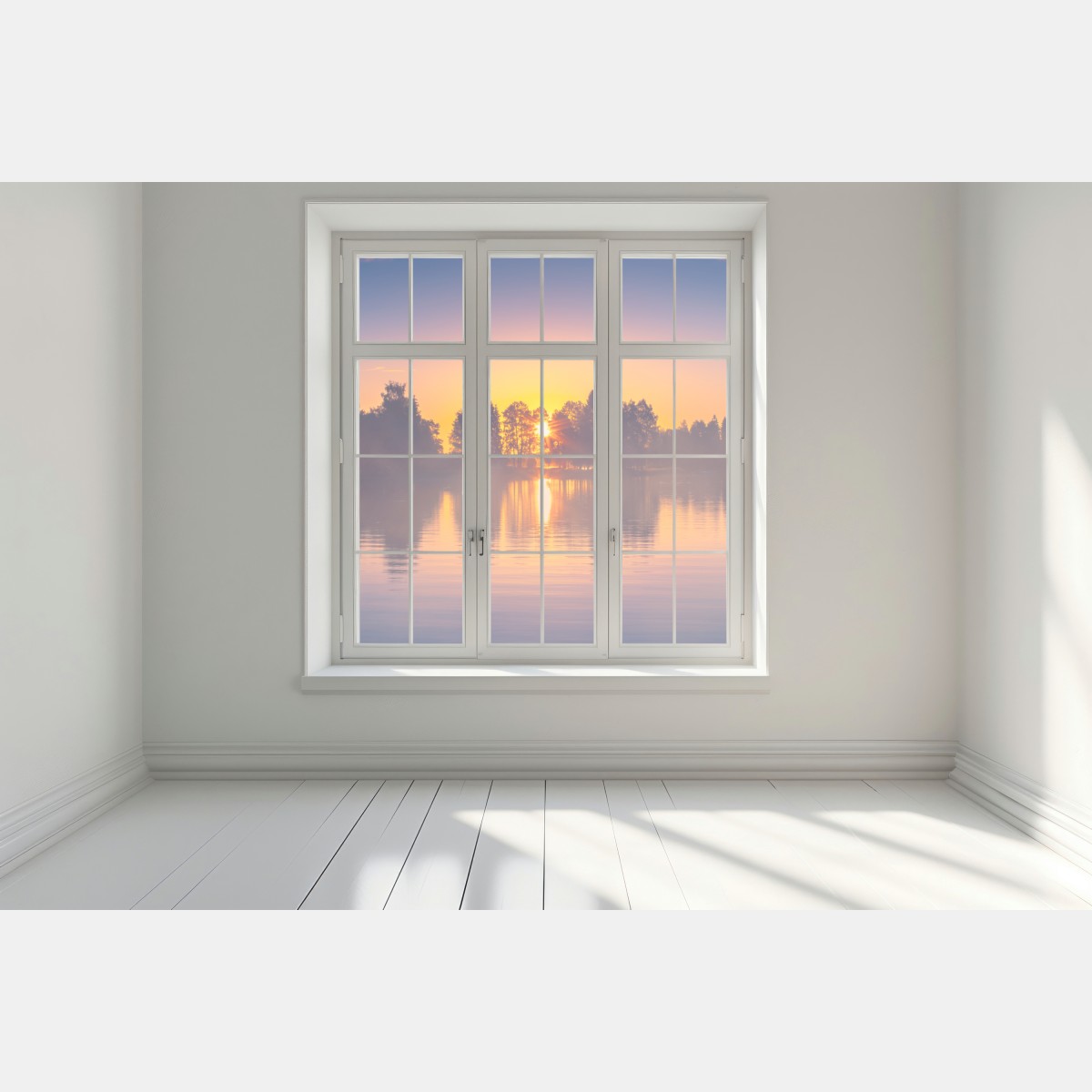 Naklejka na okno mglisty zachód słońca nad jeziorem – Wallissimo® Naklejka na okno mglisty zachód słońca nad jeziorem – Wallissimo®