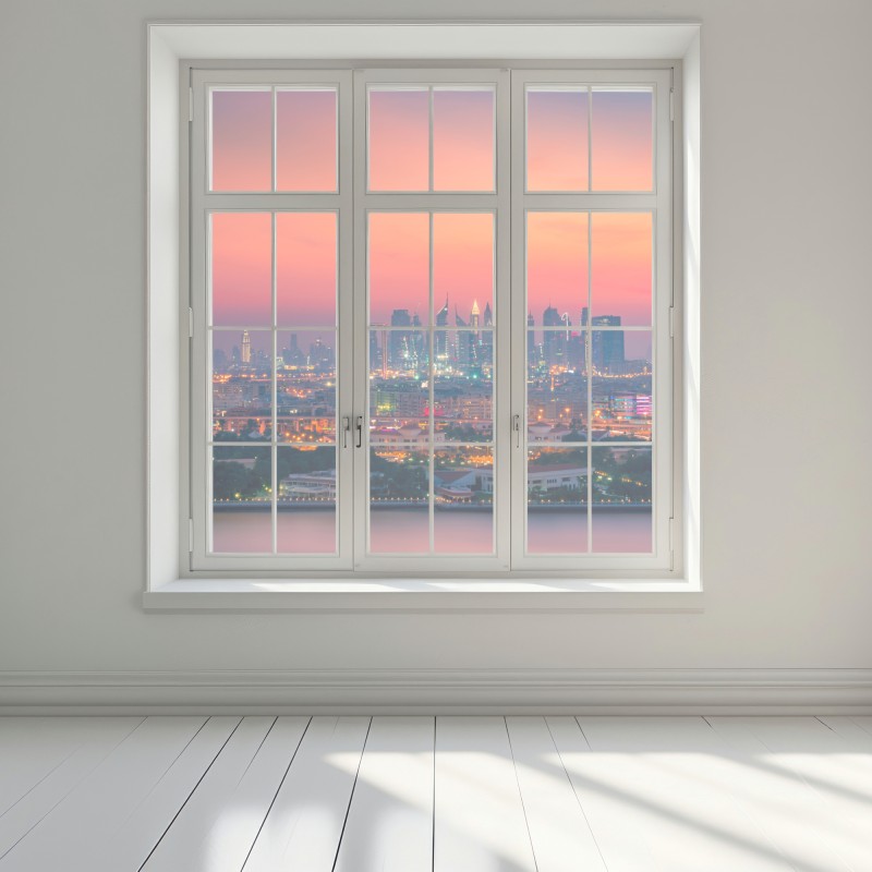 Naklejka na okno panorama Dubaju o zachodzie słońca – Wallissimo® Naklejka na okno panorama Dubaju o zachodzie słońca – Wallissimo®