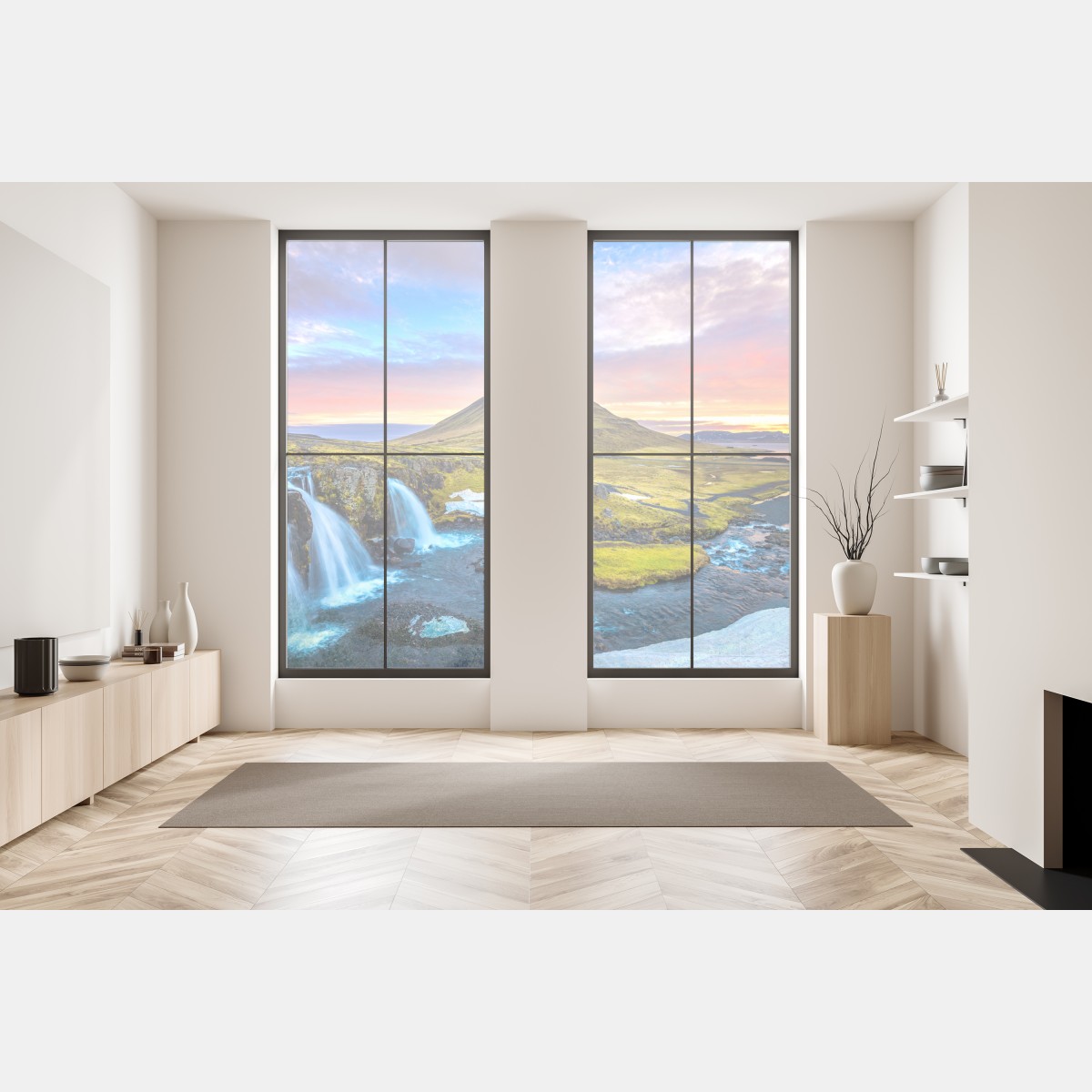 Naklejka na okno Kirkjufell wschód słońca górski pejzaż – Wallissimo® Naklejka na okno Kirkjufell wschód słońca górski pejzaż – Wallissimo®