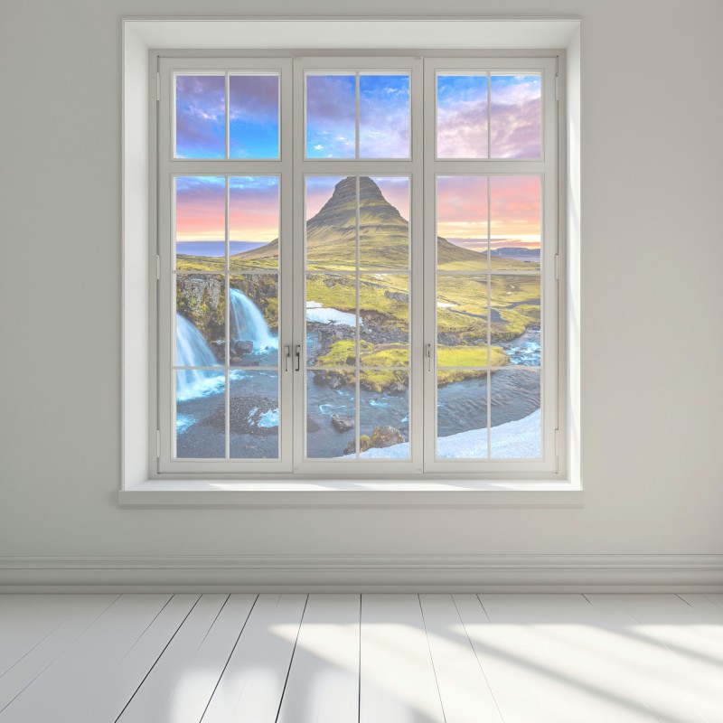 Naklejka na okno Kirkjufell wschód słońca górski pejzaż – Wallissimo® Naklejka na okno Kirkjufell wschód słońca górski pejzaż – Wallissimo®