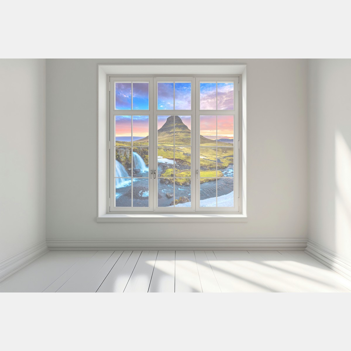 Naklejka na okno Kirkjufell wschód słońca górski pejzaż – Wallissimo® Naklejka na okno Kirkjufell wschód słońca górski pejzaż – Wallissimo®