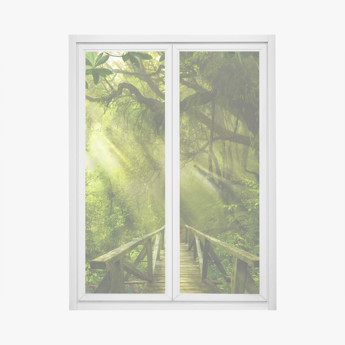Window decal sunlit forest pathway
