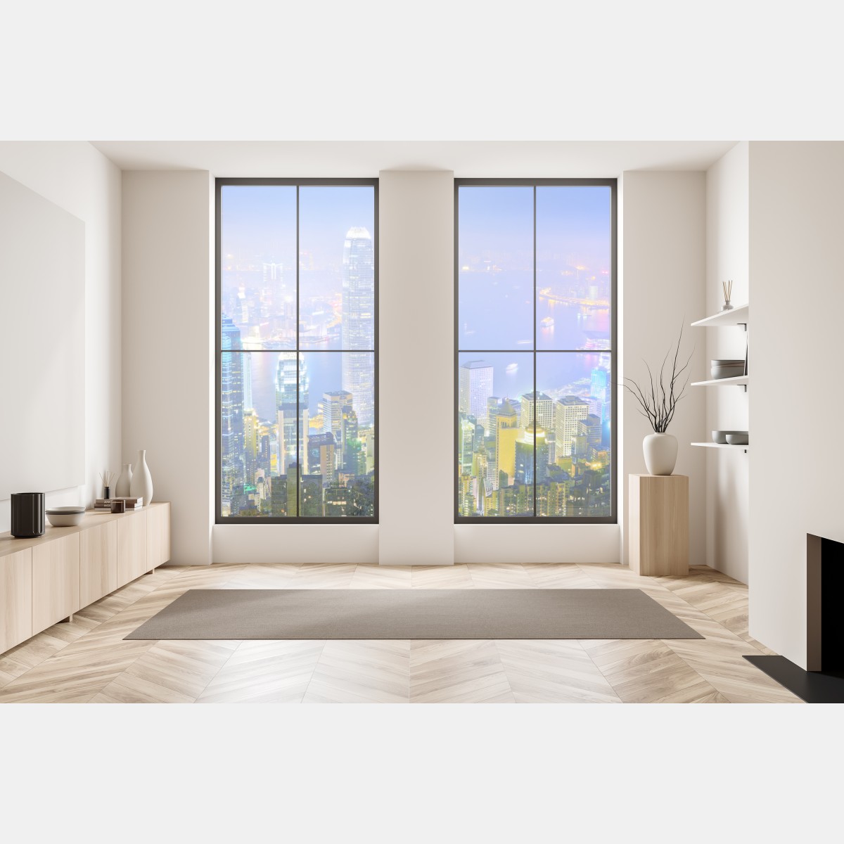 Naklejka na okno panorama Hong Kongu nocą – Wallissimo® Naklejka na okno panorama Hong Kongu nocą – Wallissimo®