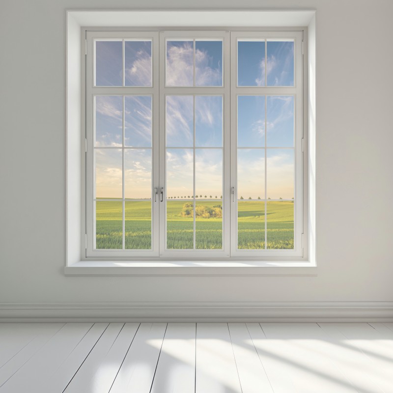 Naklejka na okno zielona łąka z rzędami młodych drzew – Wallissimo® Naklejka na okno zielona łąka z rzędami młodych drzew – Wallissimo®