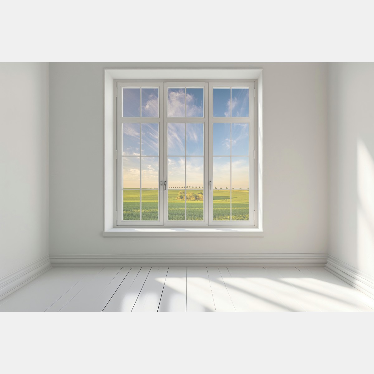 Naklejka na okno zielona łąka z rzędami młodych drzew – Wallissimo® Naklejka na okno zielona łąka z rzędami młodych drzew – Wallissimo®