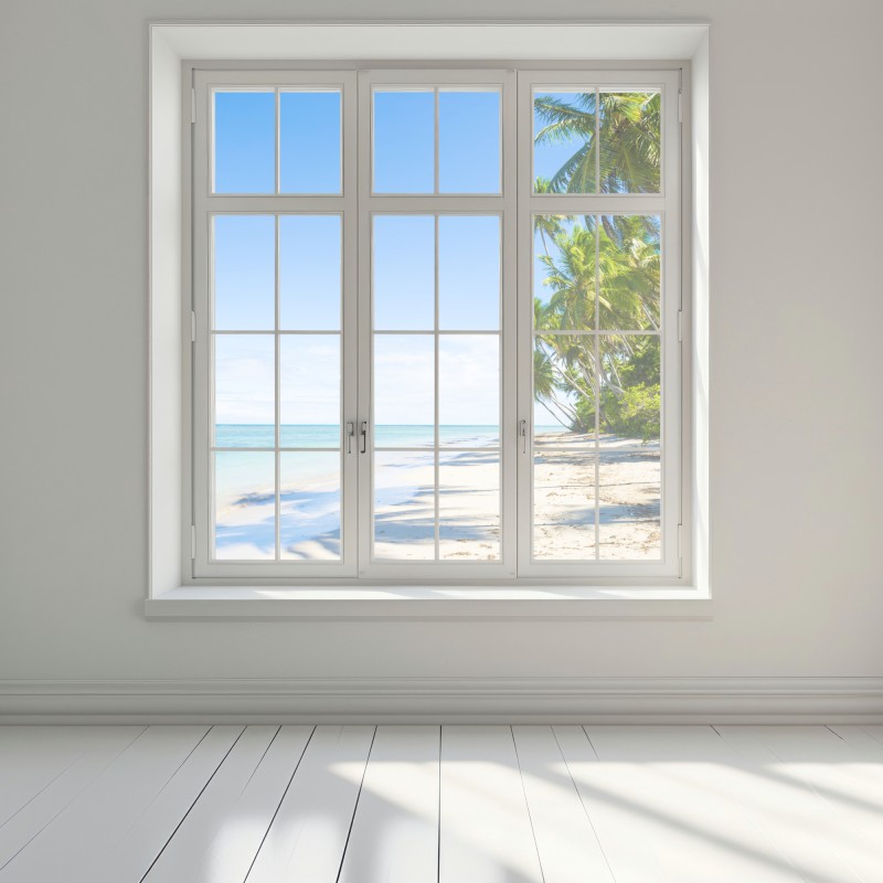 Naklejka na okno tropikalna plaża z palmami – Wallissimo® Naklejka na okno tropikalna plaża z palmami – Wallissimo®