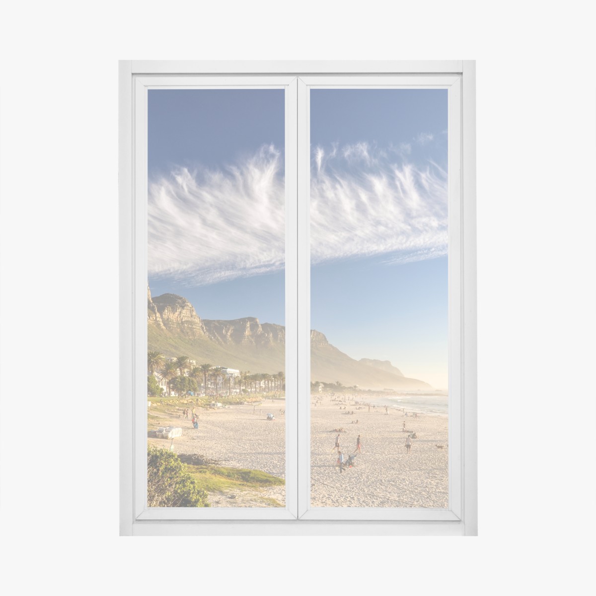 Window decal sunlit beach with mountain backdrop