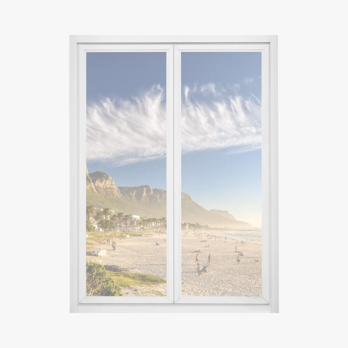Naklejka na okno słoneczna plaża z górskim tłem – Wallissimo® Naklejka na okno słoneczna plaża z górskim tłem – Wallissimo®